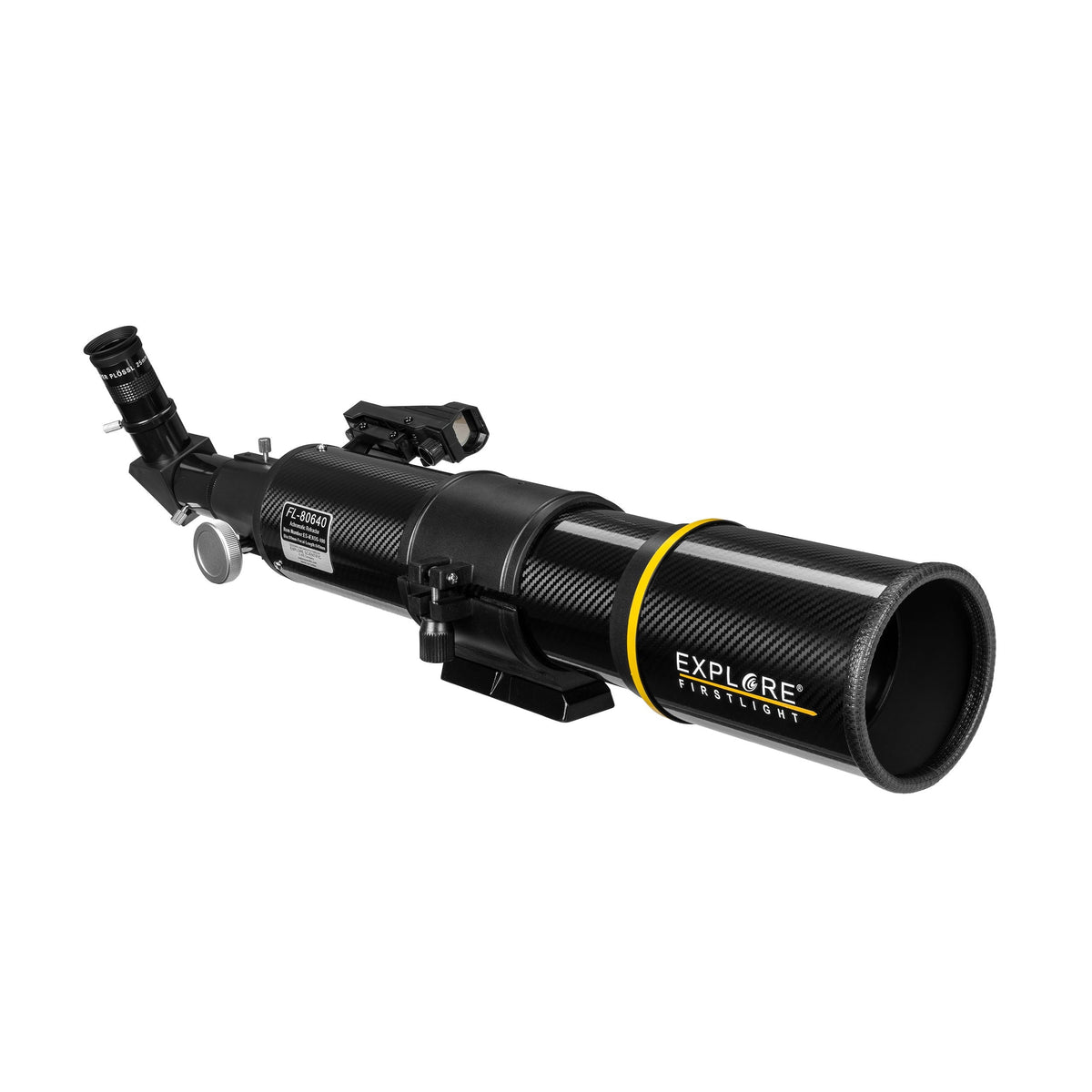 FirstLight 80mm Carbon Fiber refractor rear view with diagonal, eyepiece and red dot finder, Sidara Nano package