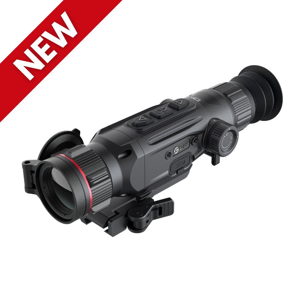 Guide Nova N435 thermal riflescope side profile showing the 35mm objective lens, ocular eyepiece, and magnesium alloy housing