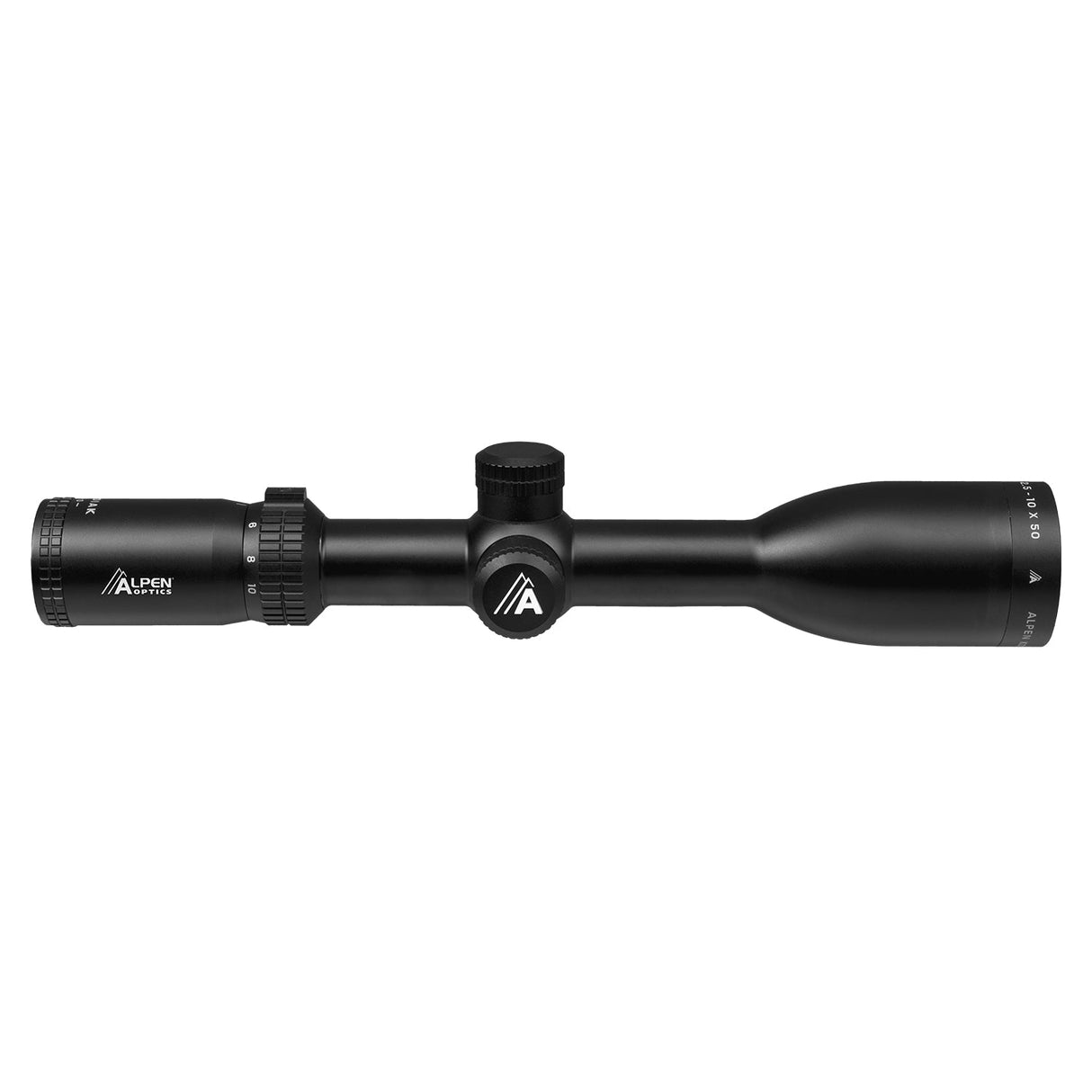 Alpen Kodiak 2.5-10x50 catalog image showing full scope profile with flip-open lens covers