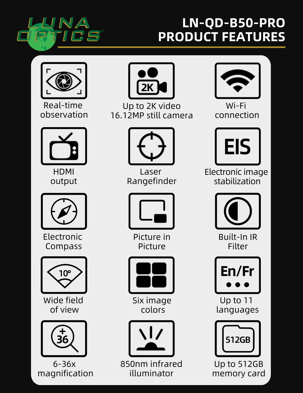 Luna Optics Quantum Digital 6-36x50 Day/Night Vision Binocular with Integrated 1635 yds Laser Rangefinder