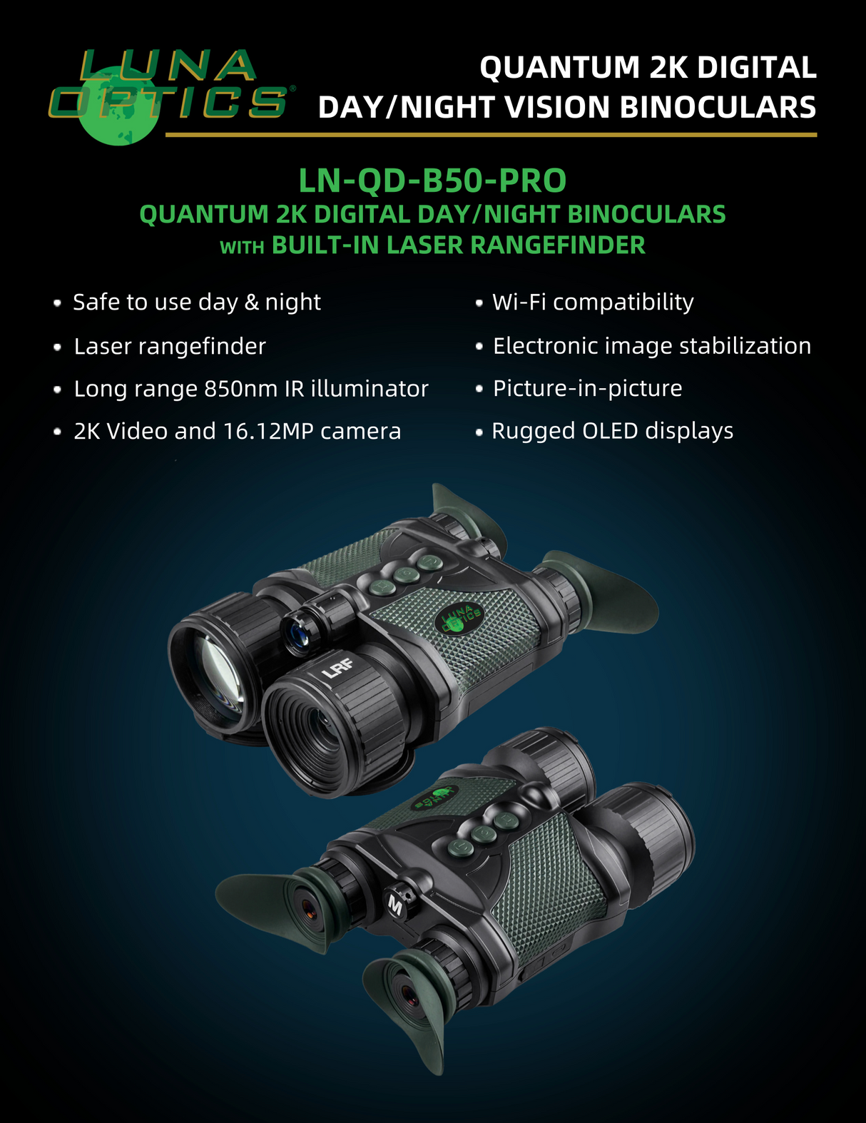 Luna Optics Quantum Digital 6-36x50 Day/Night Vision Binocular with Integrated 1635 yds Laser Rangefinder