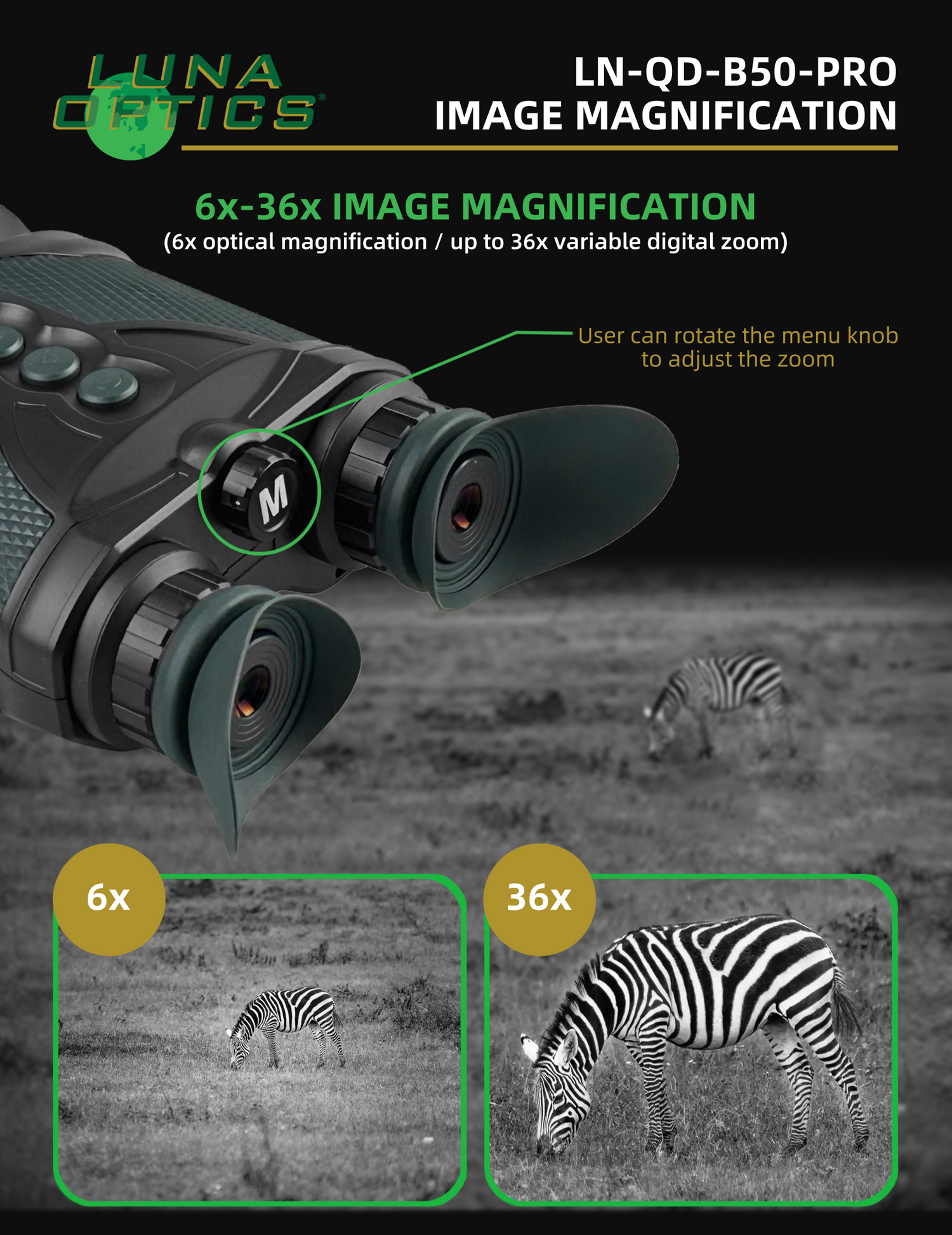 Luna Optics Quantum Digital 6-36x50 Day/Night Vision Binocular with Integrated 1635 yds Laser Rangefinder
