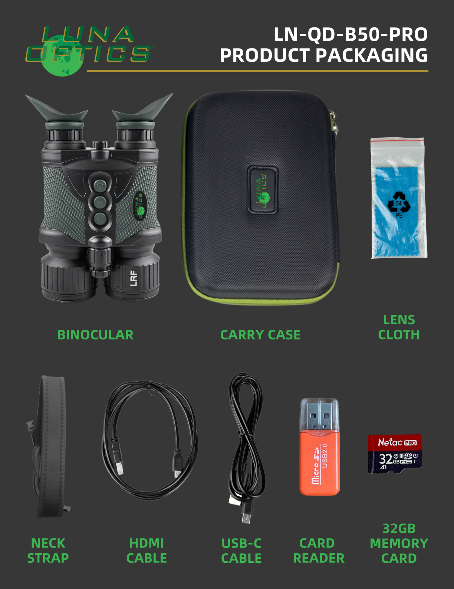 Luna Optics Quantum Digital 6-36x50 Day/Night Vision Binocular with Integrated 1635 yds Laser Rangefinder