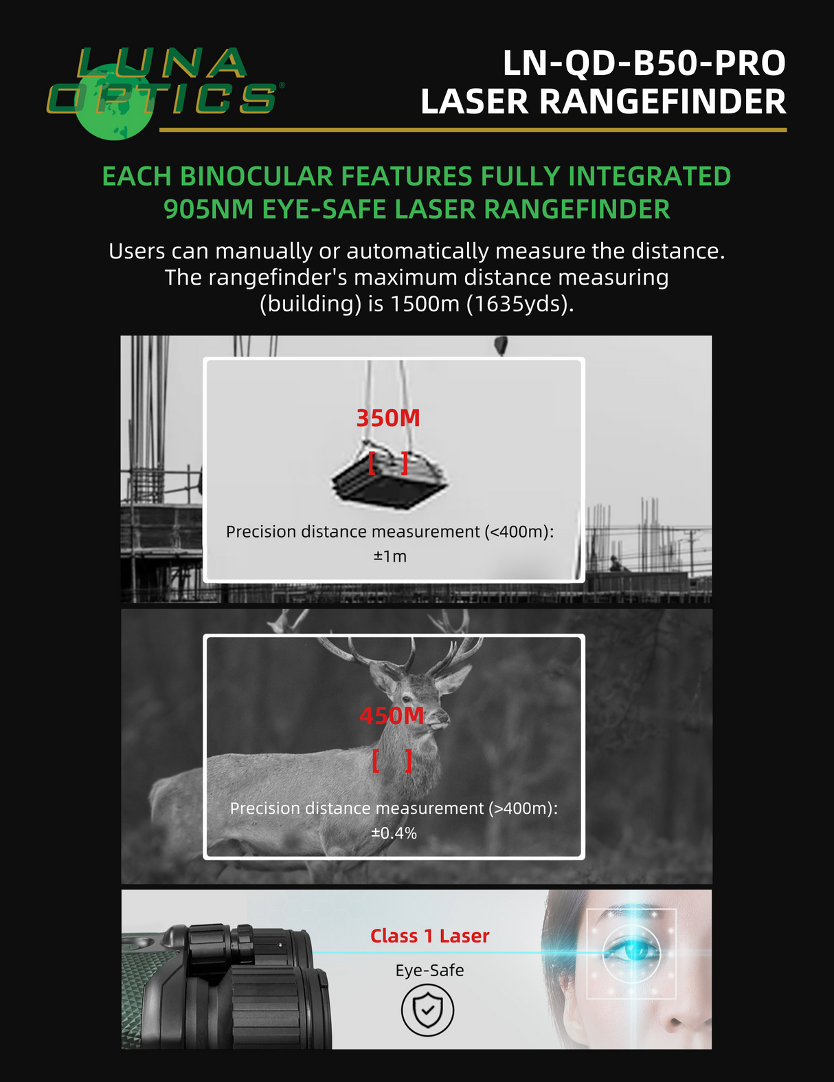 Luna Optics Quantum Digital 6-36x50 Day/Night Vision Binocular with Integrated 1635 yds Laser Rangefinder