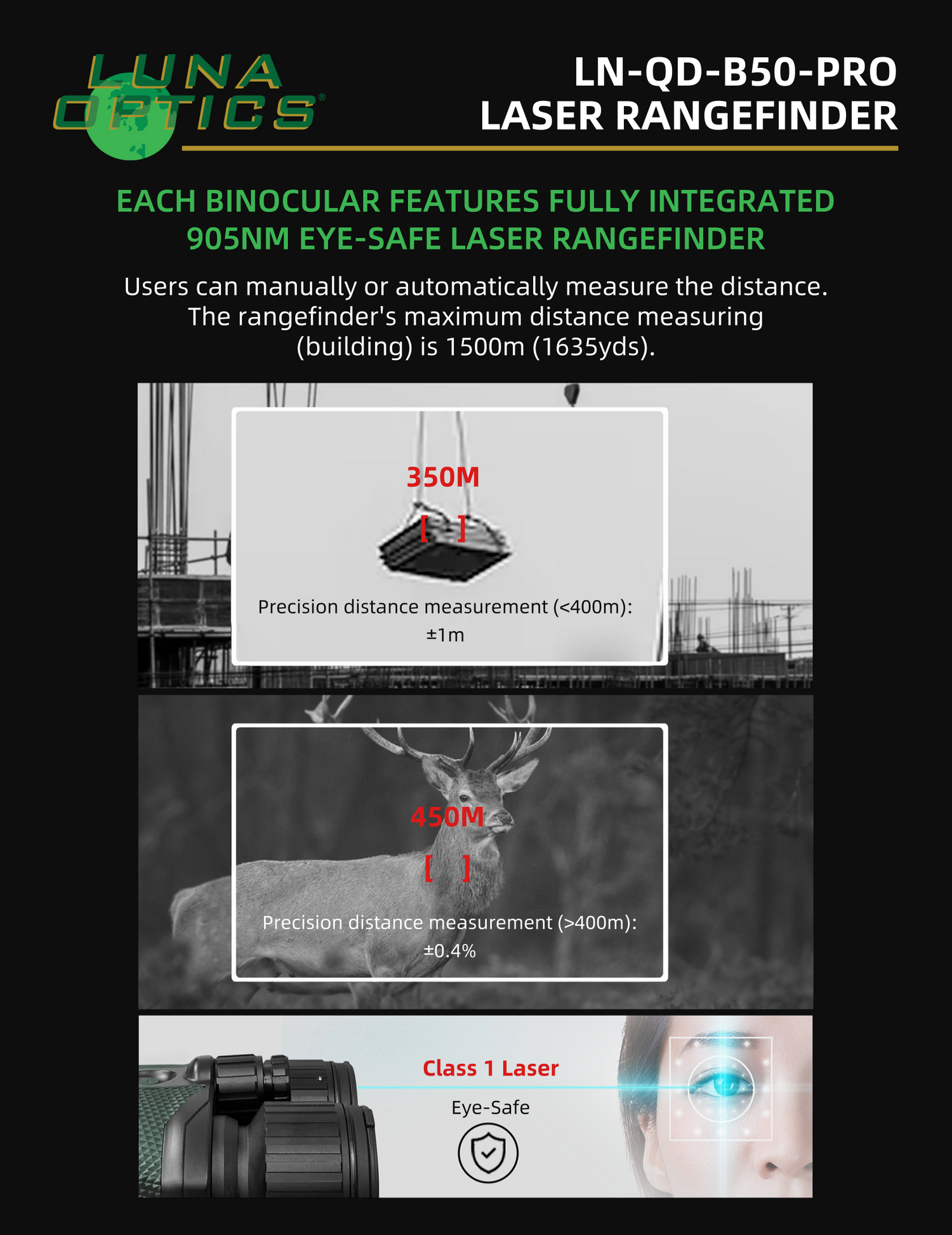 Luna Optics Quantum Digital 6-36x50 Day/Night Vision Binocular with Integrated 1635 yds Laser Rangefinder