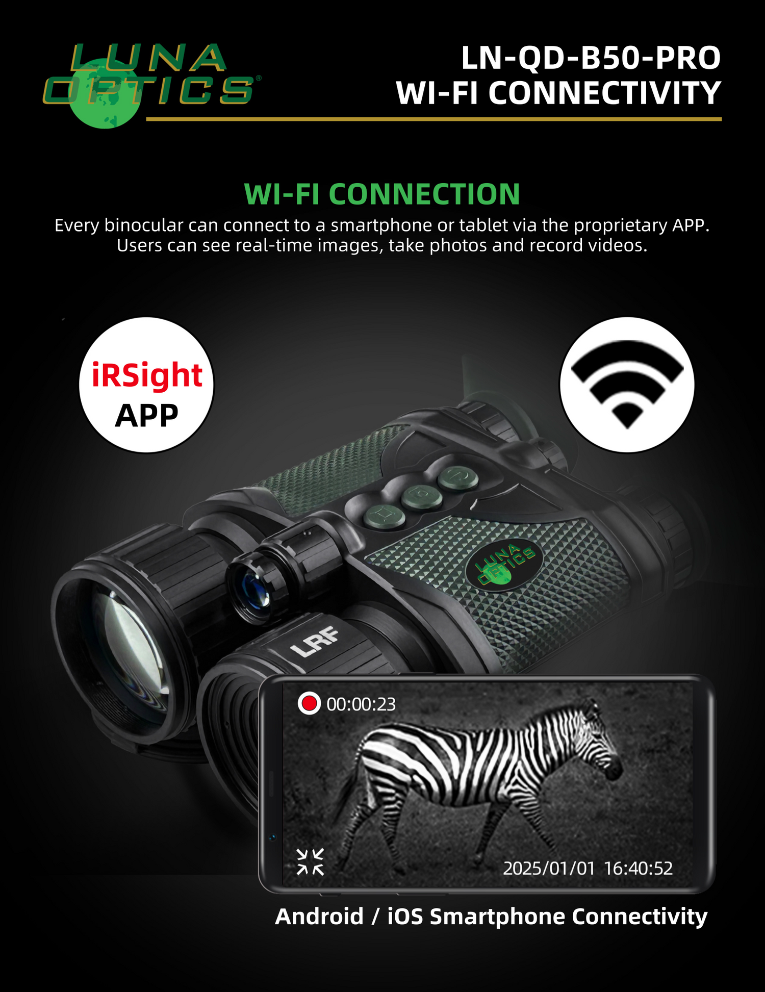 Luna Optics Quantum Digital 6-36x50 Day/Night Vision Binocular with Integrated 1635 yds Laser Rangefinder