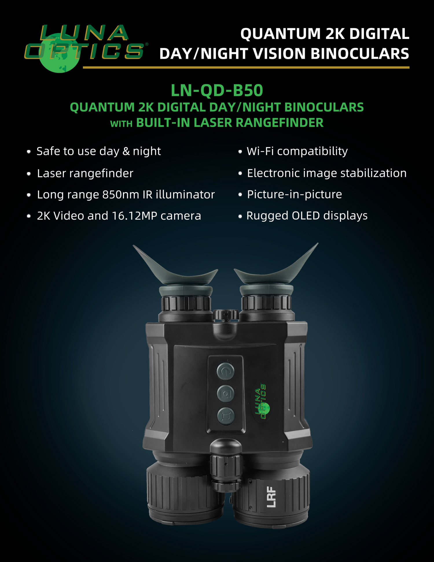 Luna Optics Quantum Digital 6-36x50 Day/Night Vision Binocular with Integrated 1100 yds Laser Rangefinder