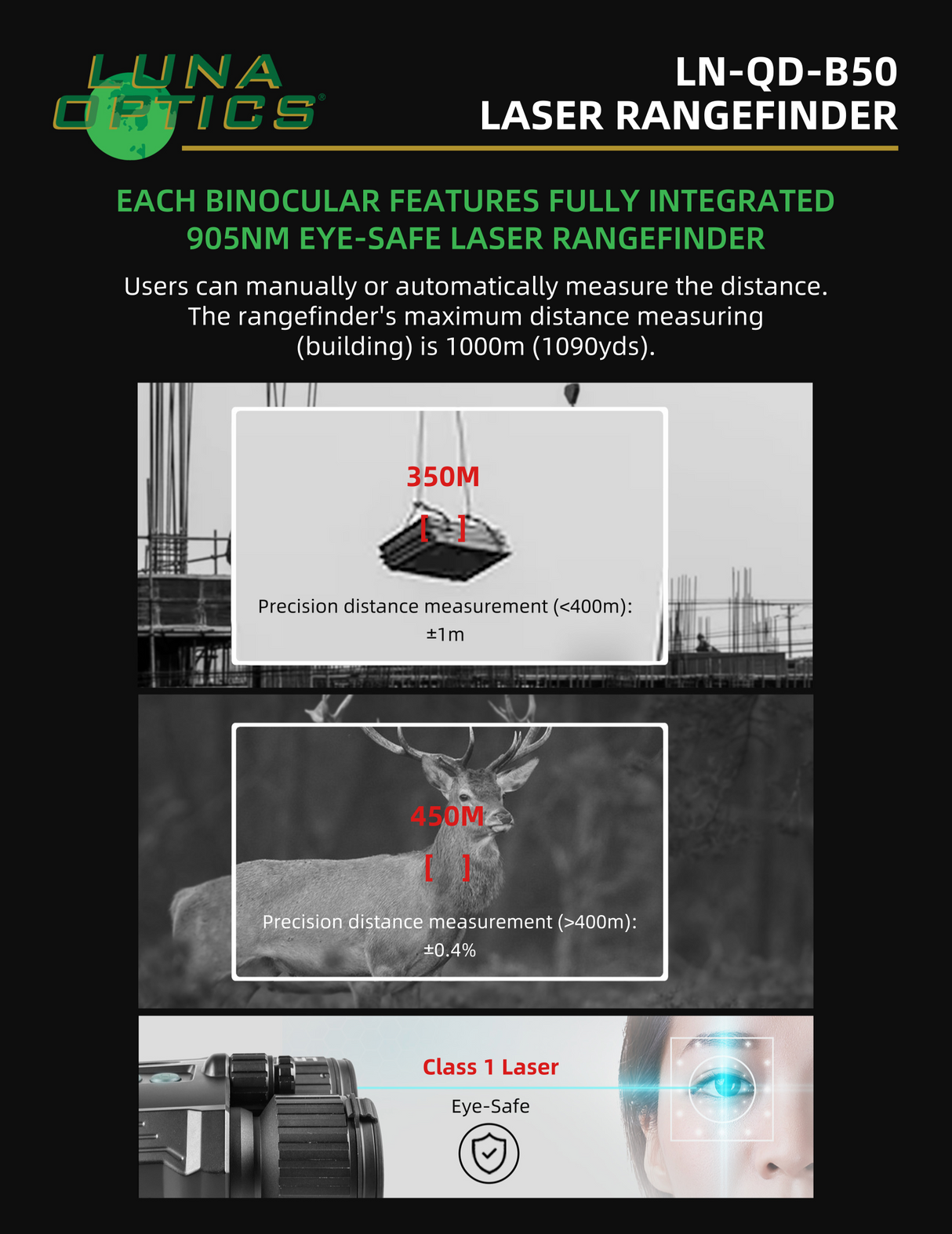 Luna Optics Quantum Digital 6-36x50 Day/Night Vision Binocular with Integrated 1100 yds Laser Rangefinder