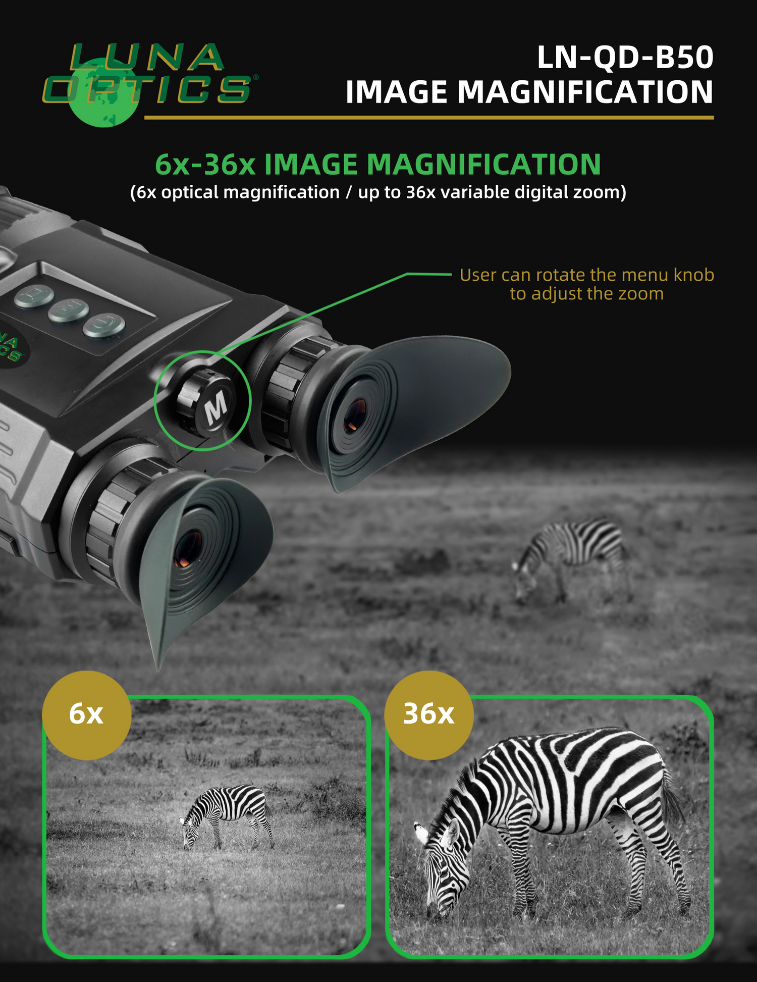 Luna Optics Quantum Digital 6-36x50 Day/Night Vision Binocular with Integrated 1100 yds Laser Rangefinder
