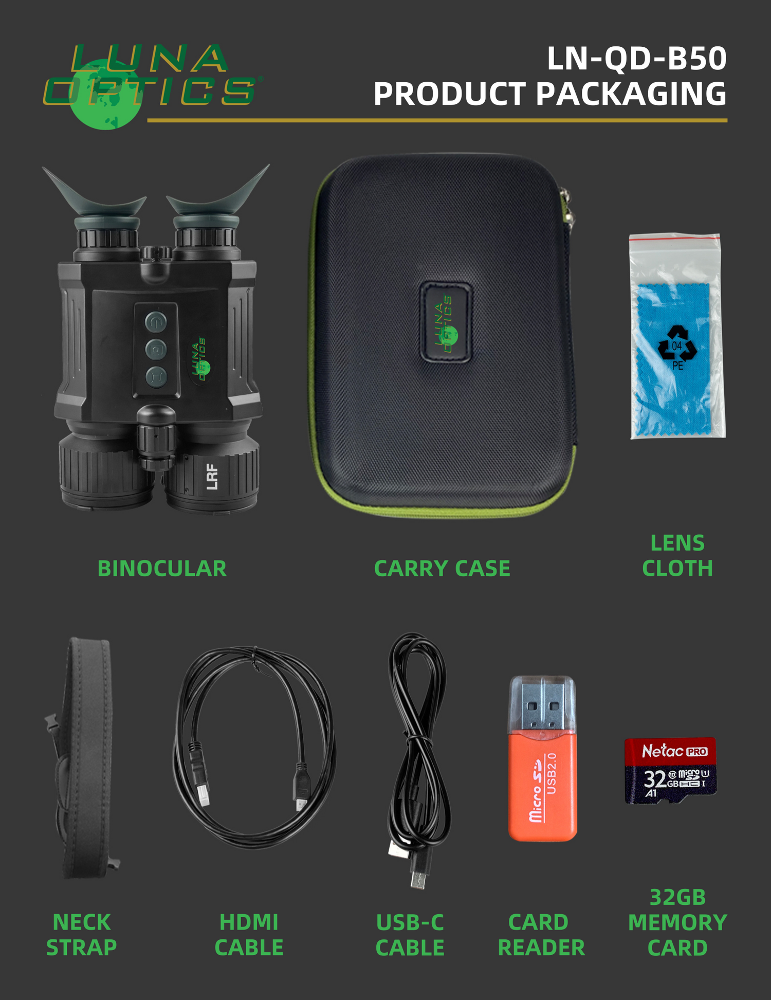 Luna Optics Quantum Digital 6-36x50 Day/Night Vision Binocular with Integrated 1100 yds Laser Rangefinder