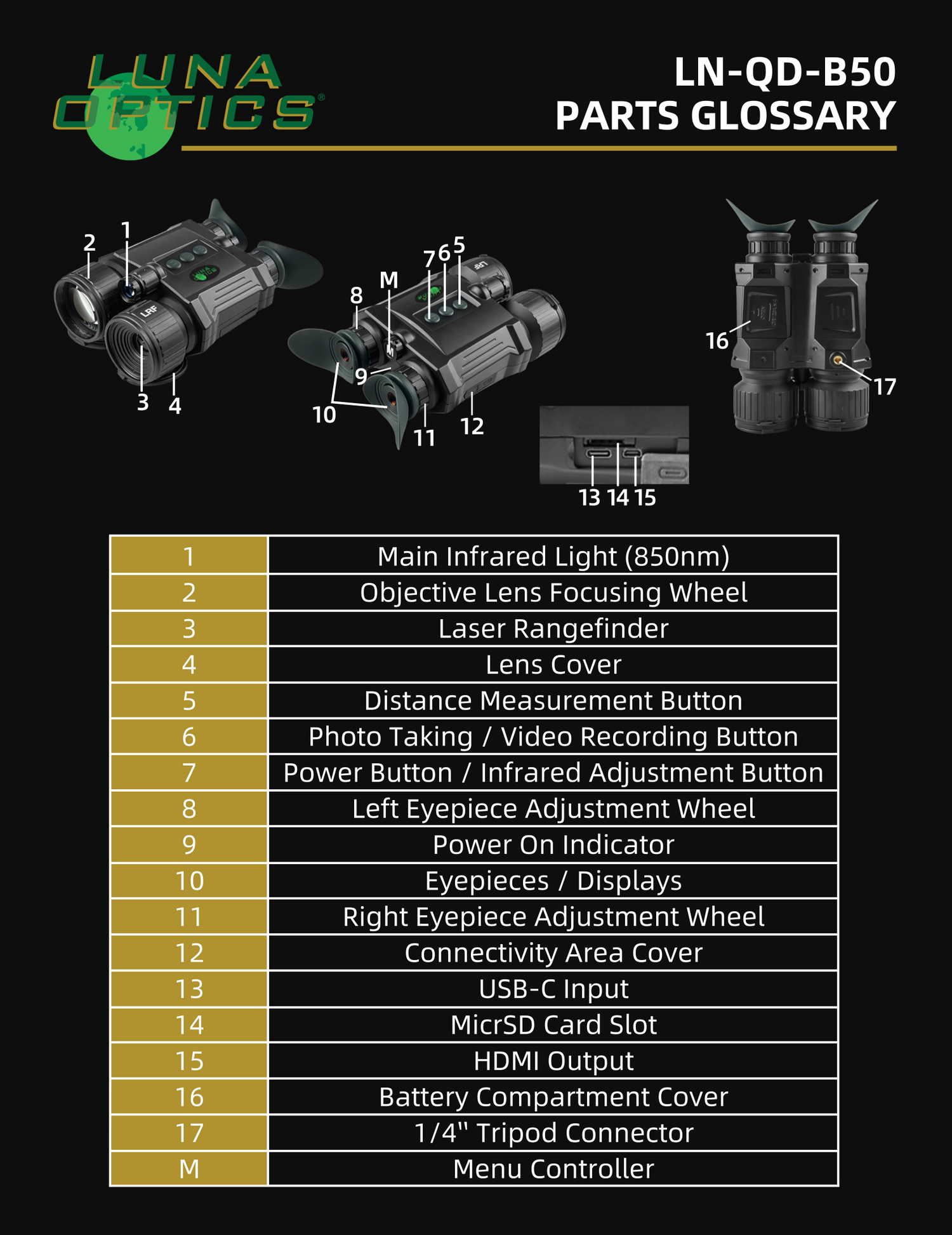 Luna Optics Quantum Digital 6-36x50 Day/Night Vision Binocular with Integrated 1100 yds Laser Rangefinder