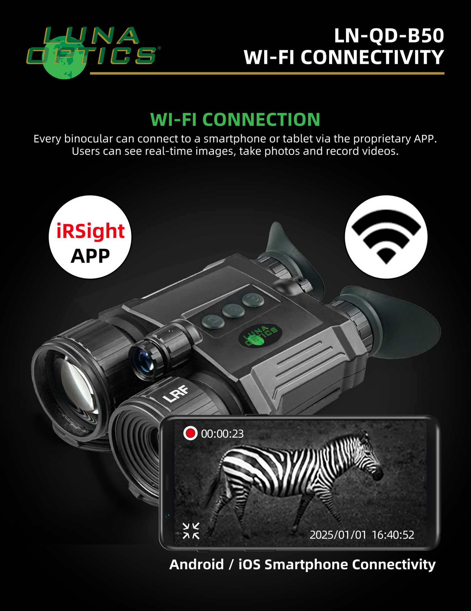 Luna Optics Quantum Digital 6-36x50 Day/Night Vision Binocular with Integrated 1100 yds Laser Rangefinder