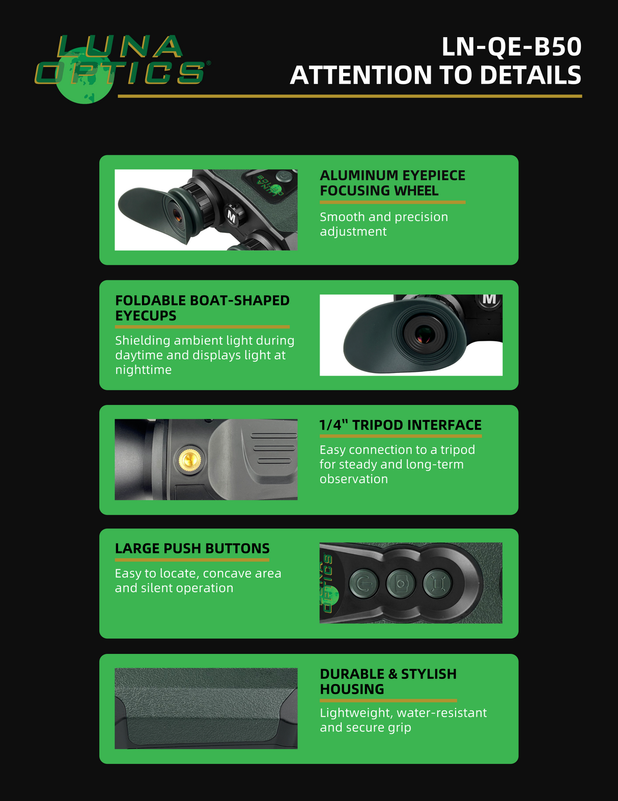 Luna Optics Quantum Elite 6-36x50 Day/Night Vision Binocular with Integrated 1635 yds Laser Rangefinder