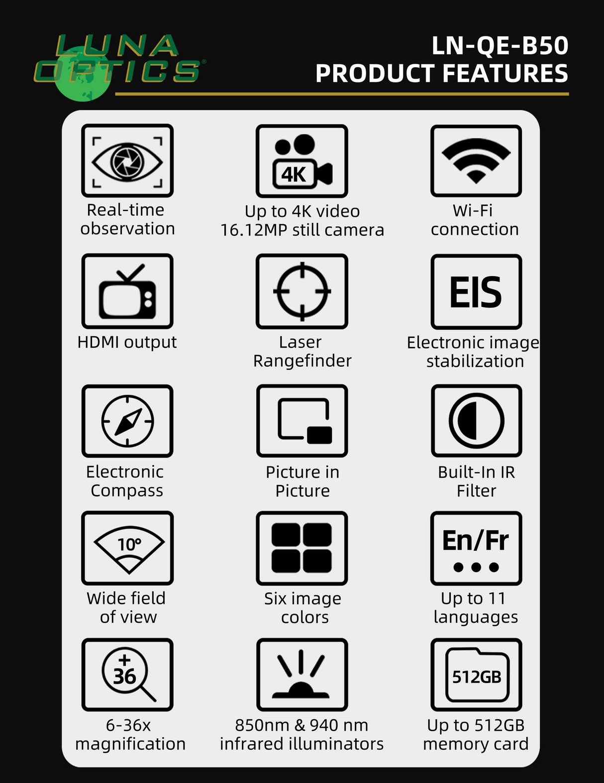 Luna Optics Quantum Elite 6-36x50 Day/Night Vision Binocular with Integrated 1635 yds Laser Rangefinder