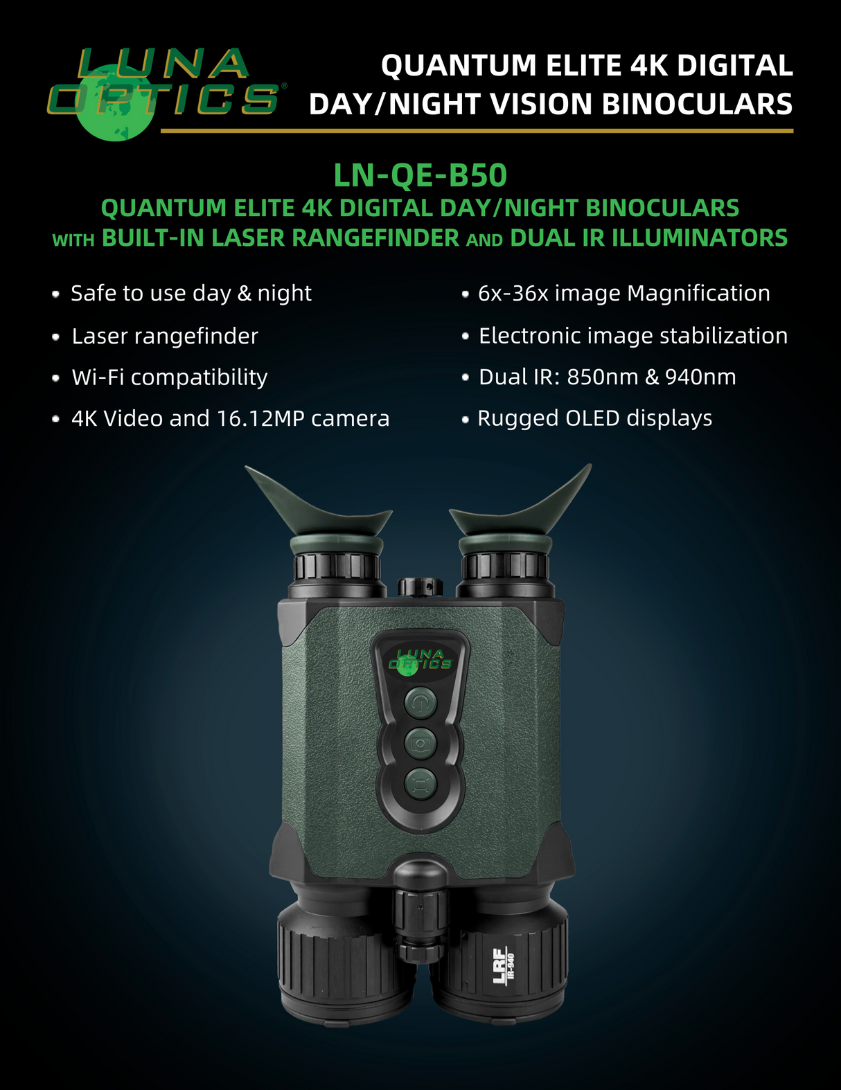 Luna Optics Quantum Elite 6-36x50 Day/Night Vision Binocular with Integrated 1635 yds Laser Rangefinder