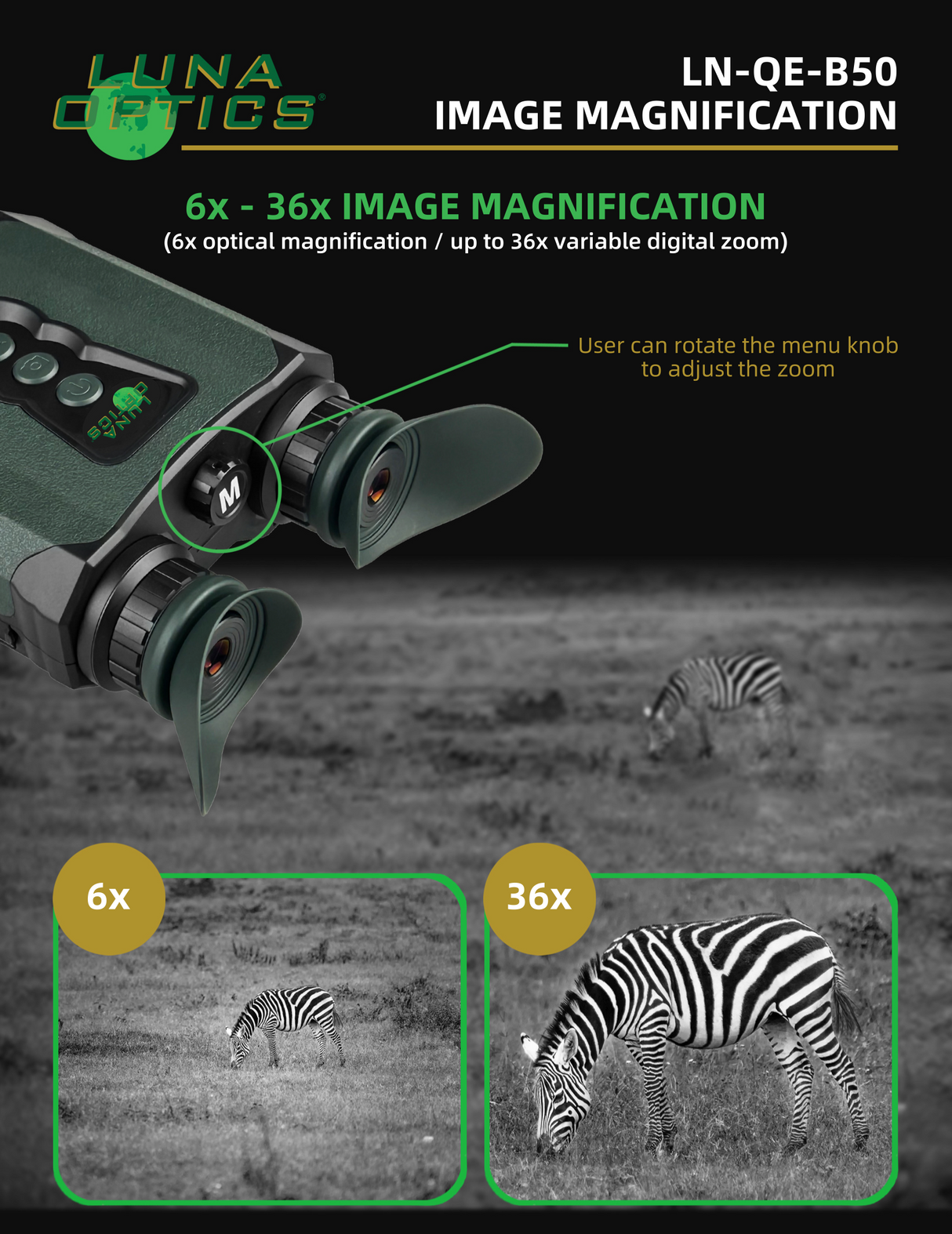 Luna Optics Quantum Elite 6-36x50 Day/Night Vision Binocular with Integrated 1635 yds Laser Rangefinder