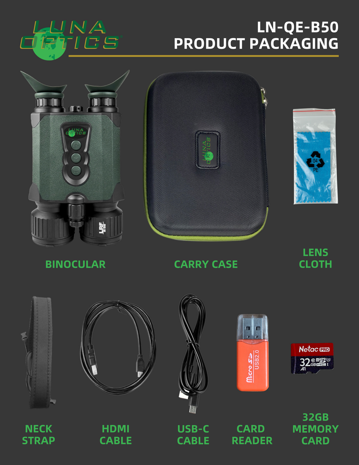 Luna Optics Quantum Elite 6-36x50 Day/Night Vision Binocular with Integrated 1635 yds Laser Rangefinder