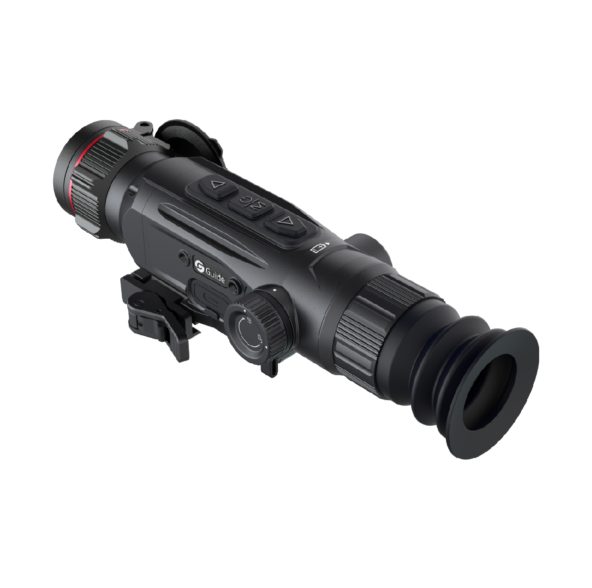 Guide Nova N425 thermal riflescope side profile showing the 25mm objective lens and ocular eyepiece