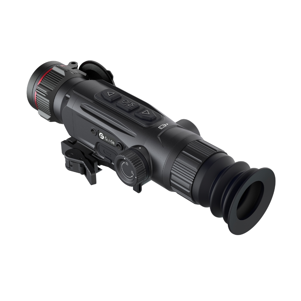 Guide Nova N435 thermal riflescope three-quarter rear view showing the elevation and windage turrets, eyepiece, and battery compartment for replaceable 18500 cells