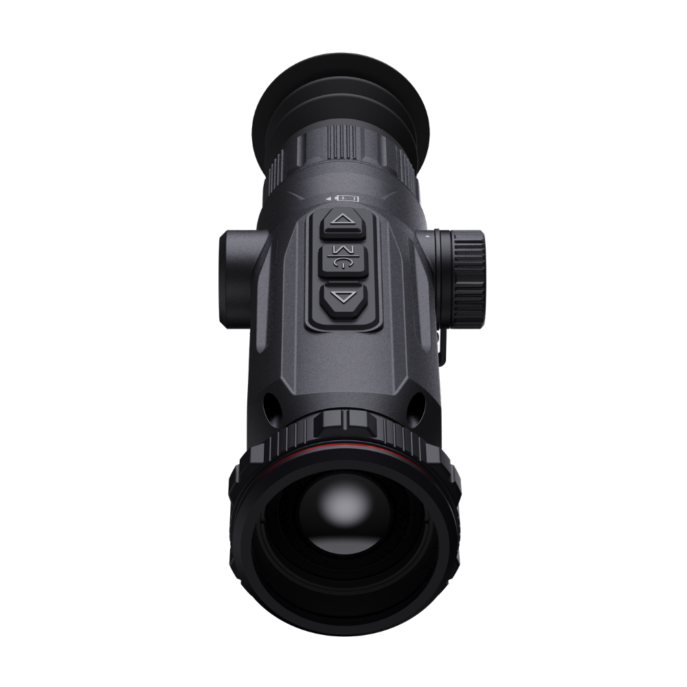 Guide Nova N635S thermal riflescope front view of the 35 mm objective lens below the three-button control panel