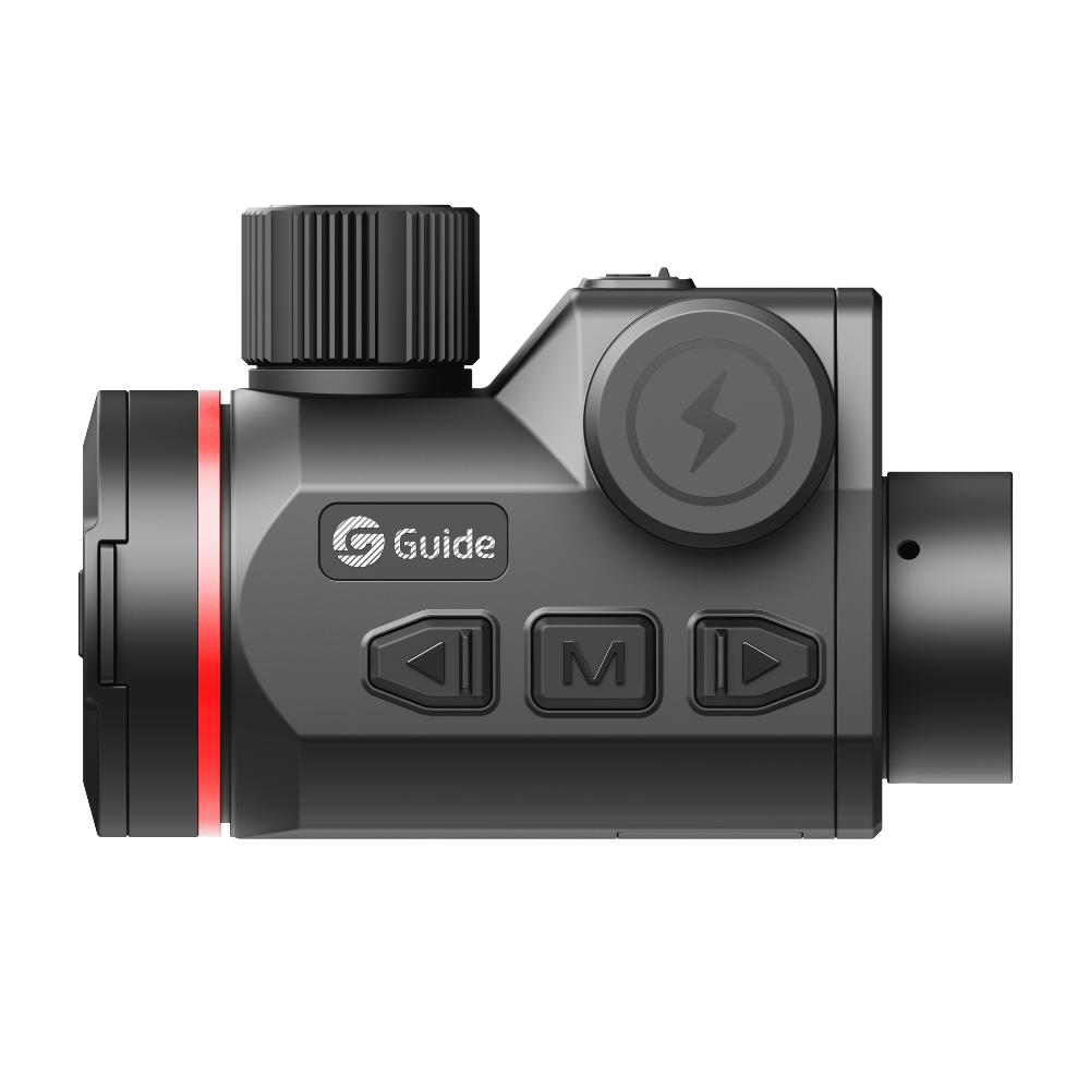 Guide Orion O435CS thermal clip-on right side profile showing the mode and directional buttons, focus knob, and weatherproof charging cap