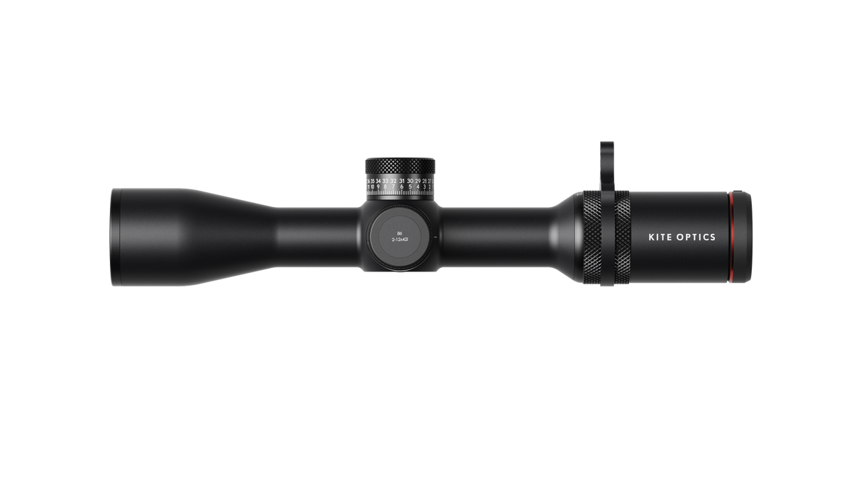 Kite Optics B6 LR 2-12x42 riflescope side profile showing ballistic turret and zoom throw lever