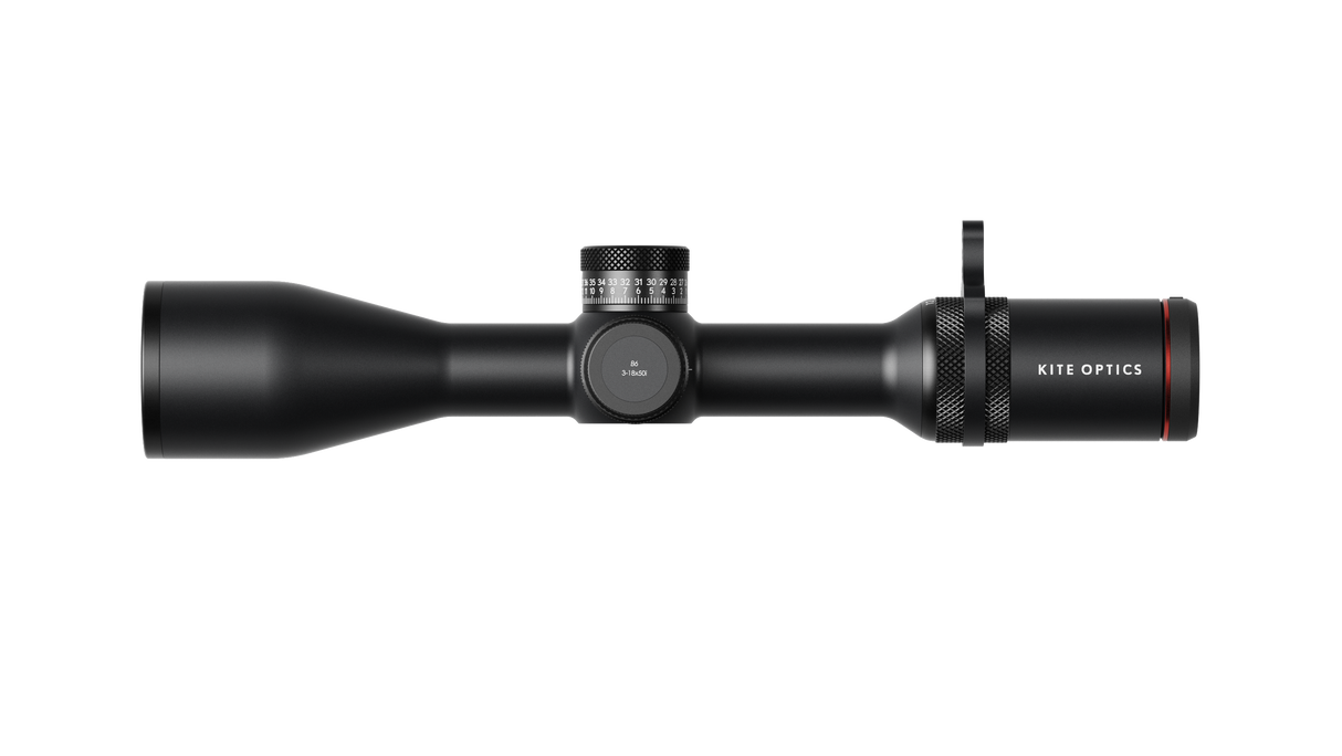 Kite Optics B6 LR 3-18x50 riflescope side profile showing ballistic turret, side parallax, and zoom throw lever