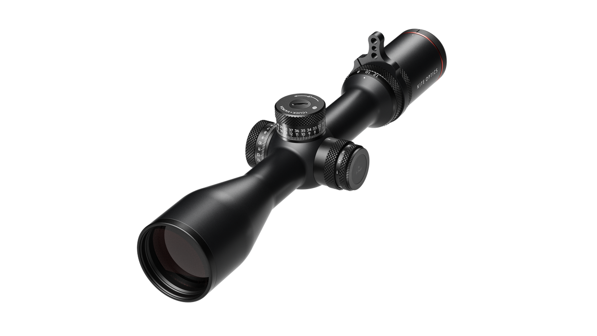 Kite Optics B6 LR 3-18x50 angled view showing exposed elevation turret with zero-stop and side parallax adjustment