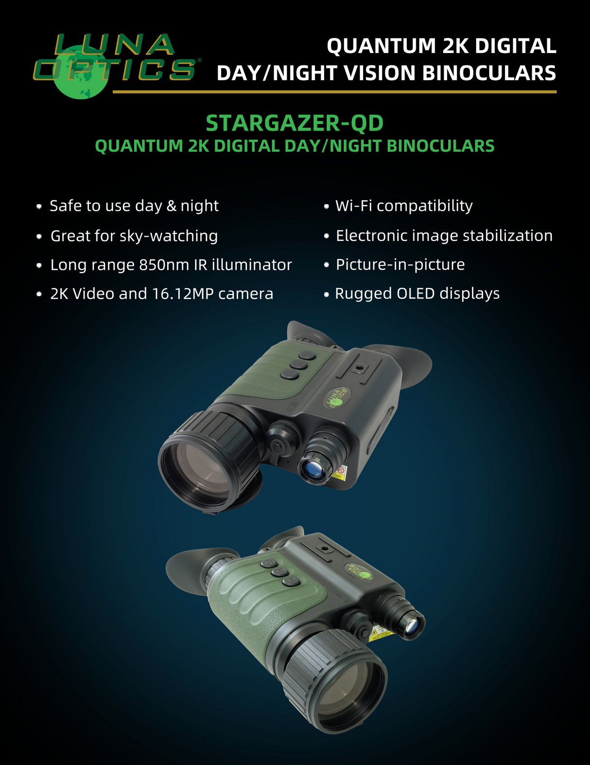 Luna Optics Quantum Digital 6-36x50 Day/Night Vision Binocular Stargazer-QD