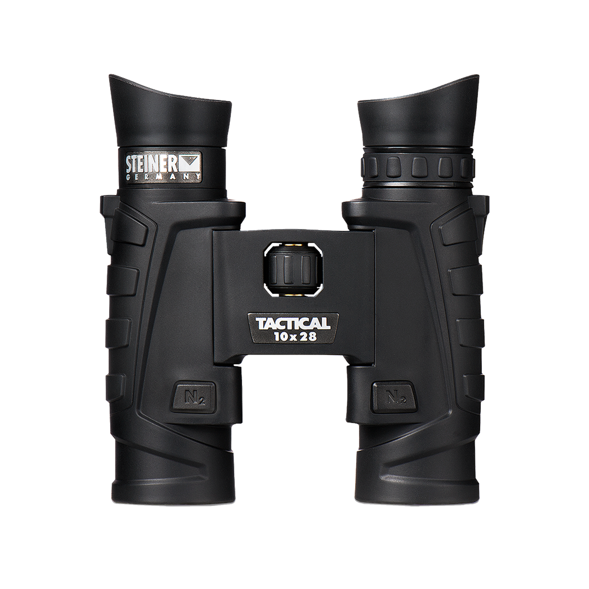 Steiner Tactical T1028 10x28 top-down view showing the central Fast-Close-Focus wheel, ClicLoc strap posts, and nitrogen valves