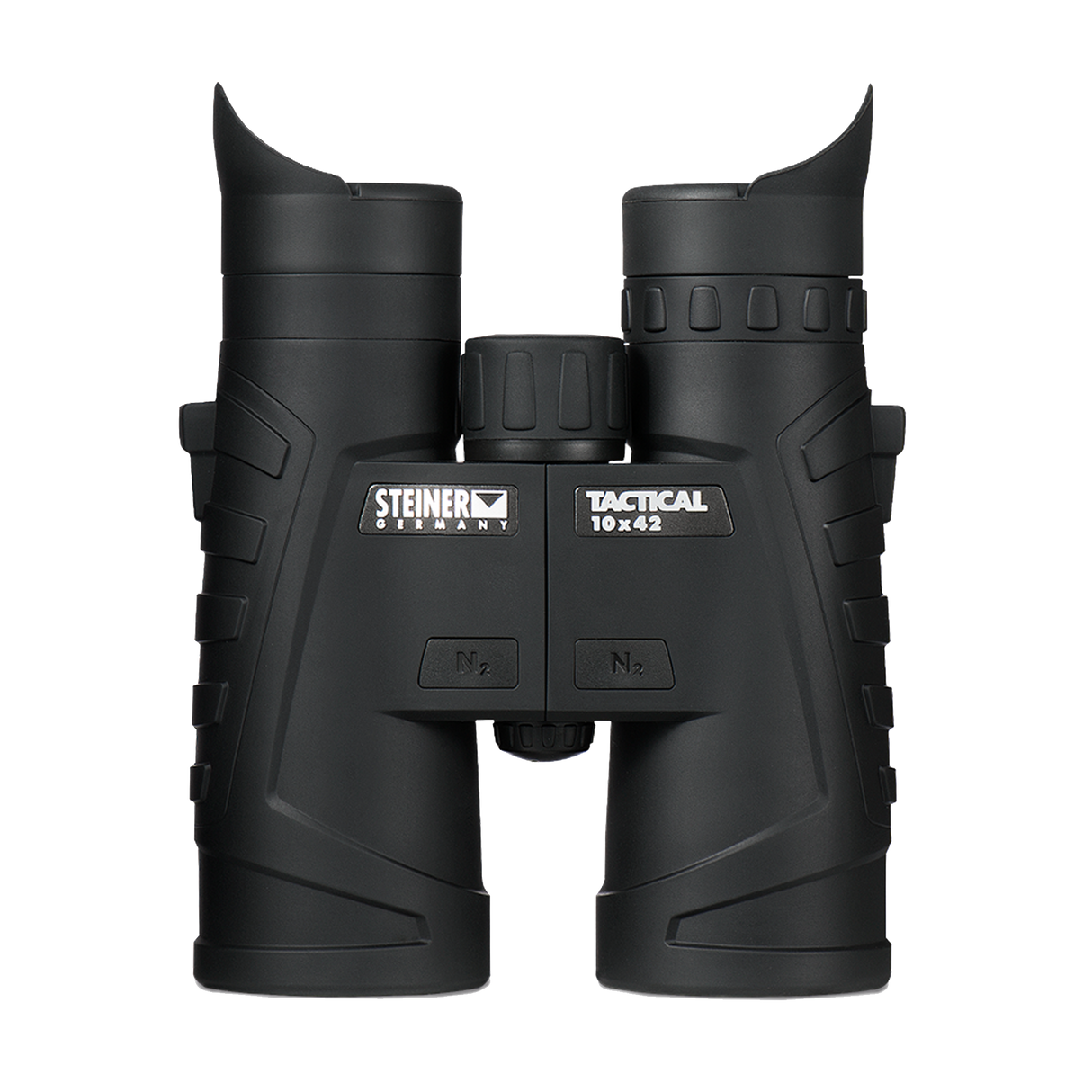 Steiner Tactical T1042 10x42 binocular, front view showing the STEINER TACTICAL 10x42 marking and nitrogen valves