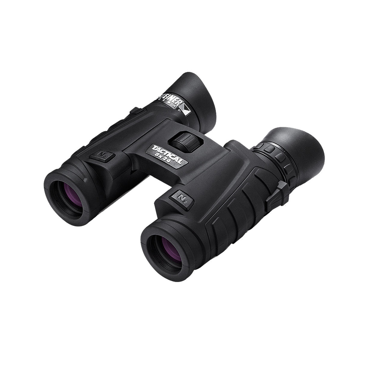 Steiner Tactical T824 8x24 compact binocular, three-quarter view showing the folding double-hinge body and TACTICAL 8x24 marking