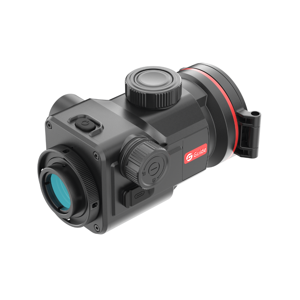 Guide TB650P 2.0 thermal clip-on rear three-quarter view of the eyepiece, power key and USB-C cover