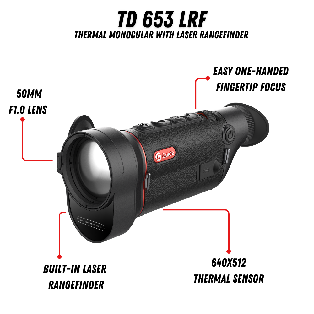 Guide TD 653L feature callout diagram highlighting 50mm F1.0 lens, 640x512 sensor, built-in LRF, and one-handed focus