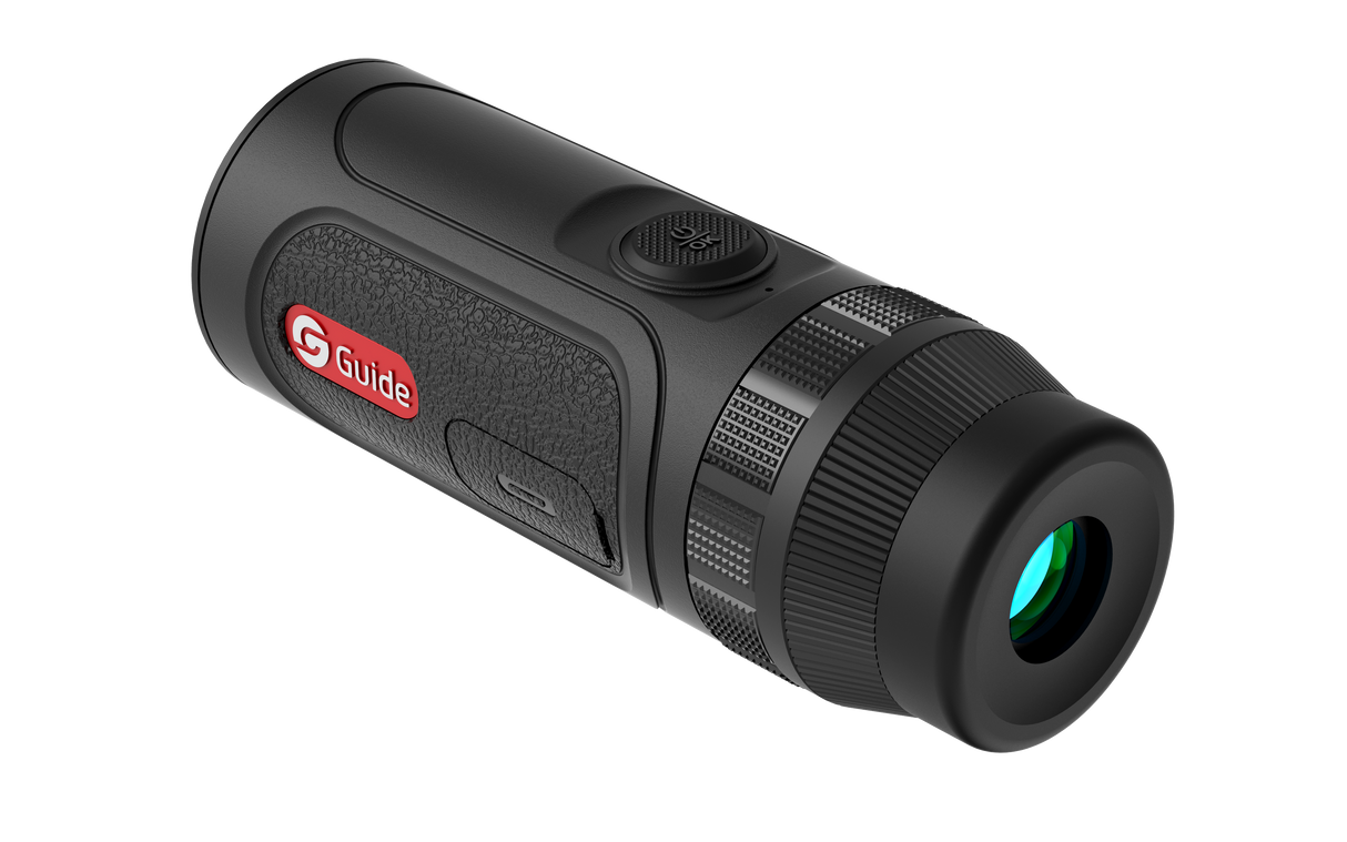 Guide TE211 thermal monocular side profile showing the eyepiece and palm-sized form factor