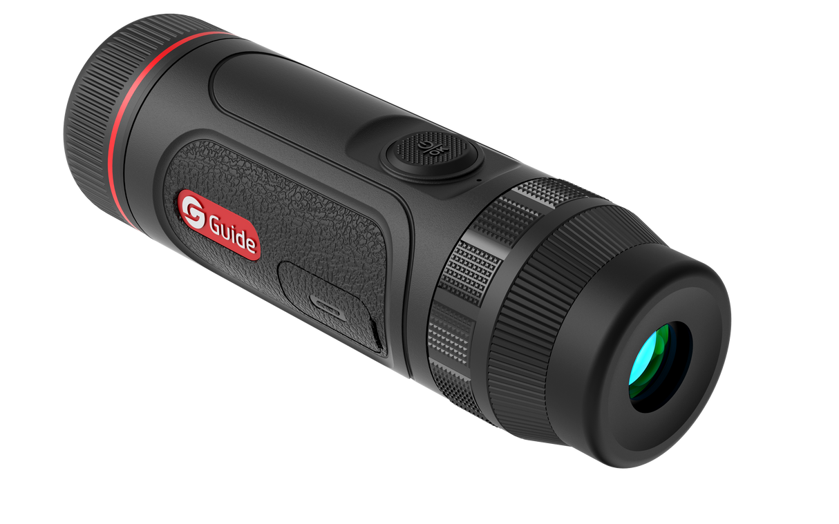 Guide TE421 thermal monocular side profile showing the eyepiece and ergonomic compact body