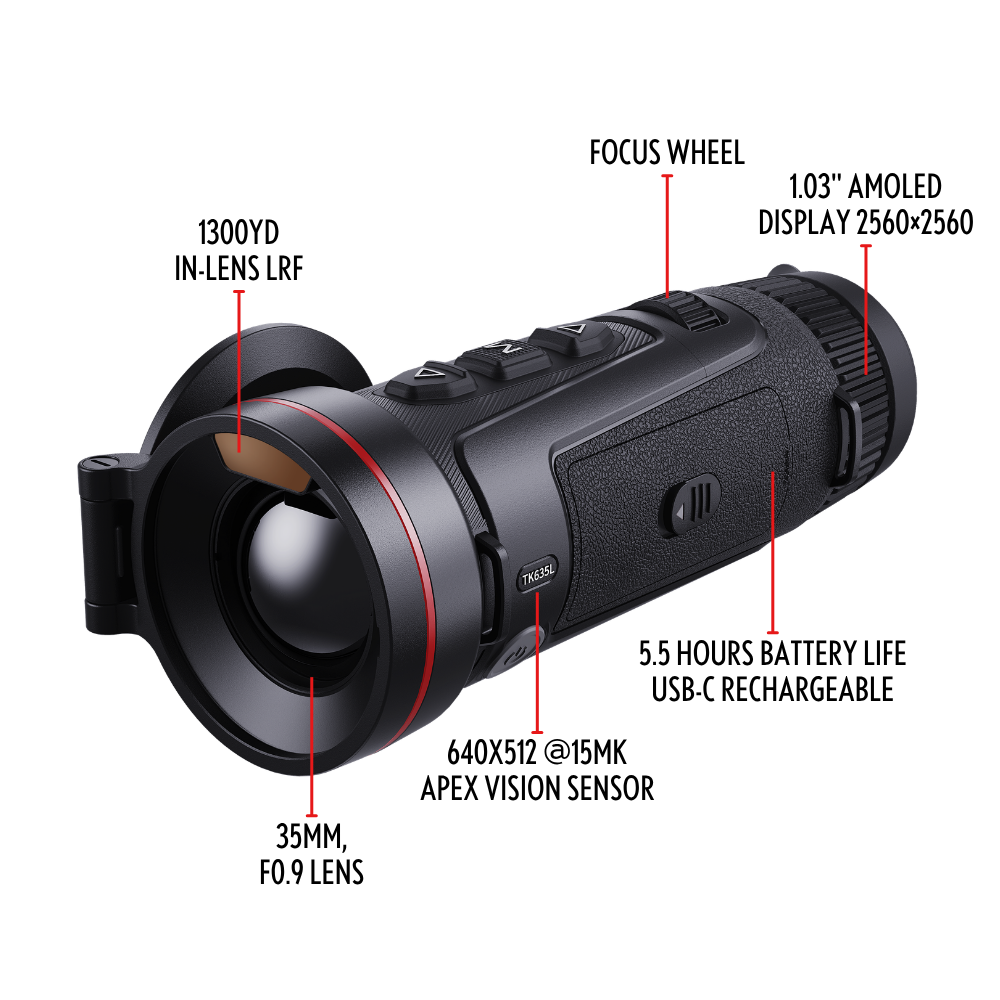 Guide Kodiak TK635L 3.0 side profile showing the battery compartment door and the eyepiece diopter ring