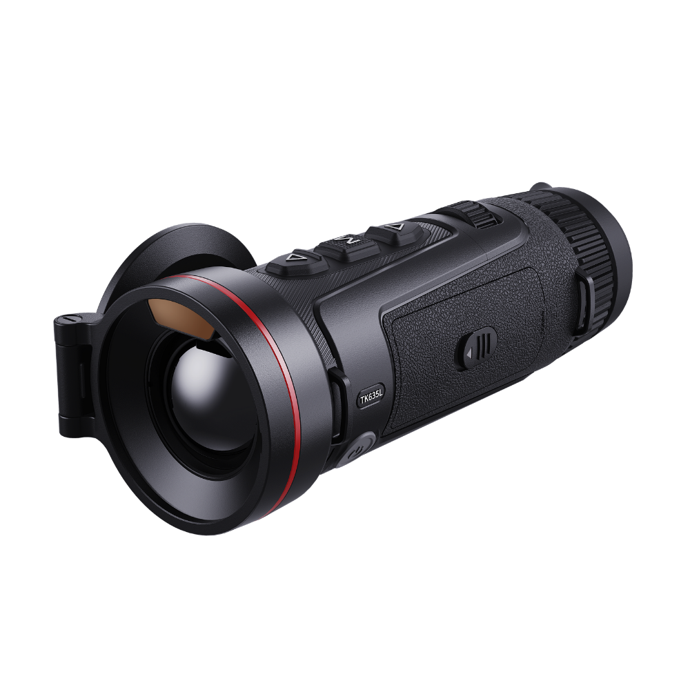 Guide Kodiak TK635L 3.0 thermal monocular, three-quarter front view with the lens cap open on the 35mm F0.9 objective