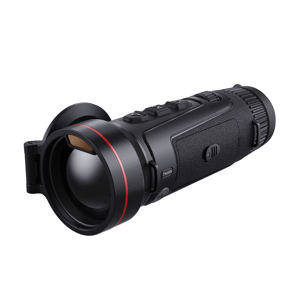 Guide Kodiak TK650L 3.0 thermal monocular, three-quarter front view with the lens cap open on the 50mm F0.9 objective