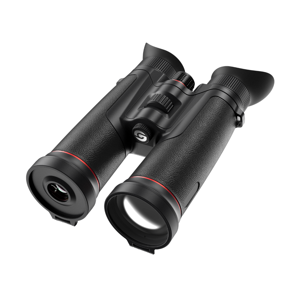 Guide TN650L thermal binocular three-quarter view showing the dual 50mm objective lenses, integrated laser rangefinder, and slim binocular housing