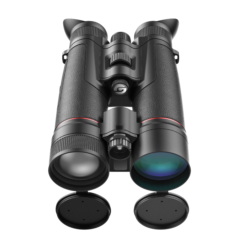 Guide TN650M Muo 2.0 binocular top view showing the focus knob, mode buttons for thermal/night-vision sensor switching, and dual eyepieces