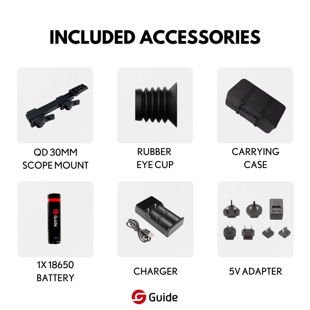 Guide TR 630-A thermal riflescope front view showing 35mm germanium objective lens with red accent ring
