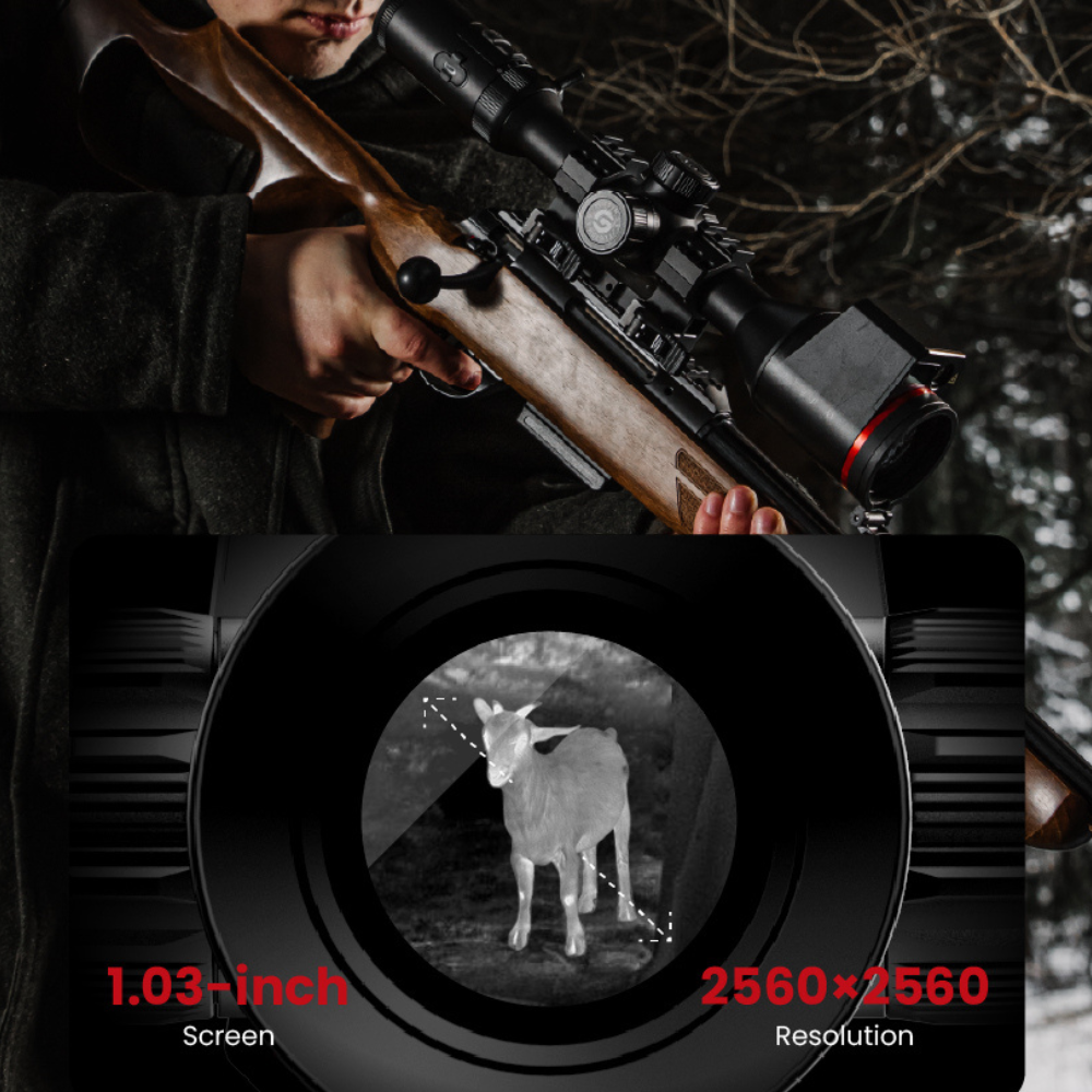 Through-the-scope thermal view of the Guide TU1250M showing 1.03-inch 2560x2560 AMOLED display