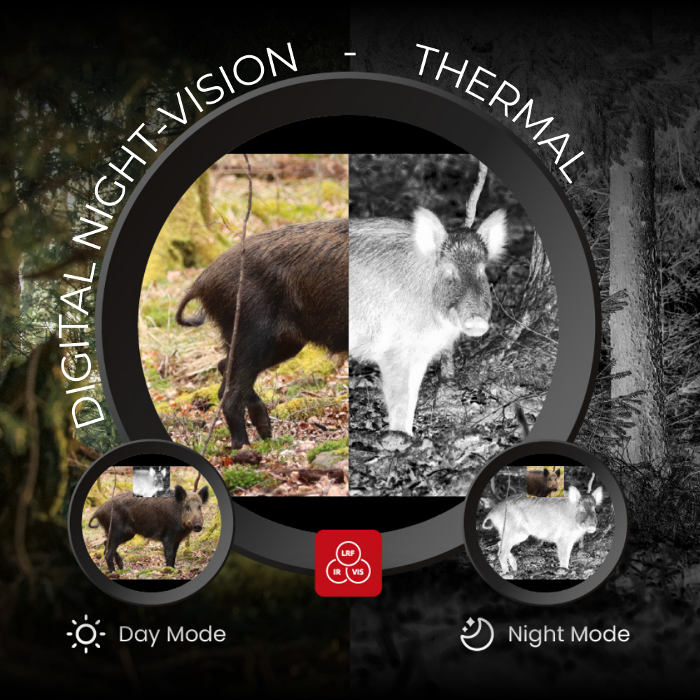Guide TU1250M digital night vision versus thermal imaging comparison showing a wild boar in day mode and night mode