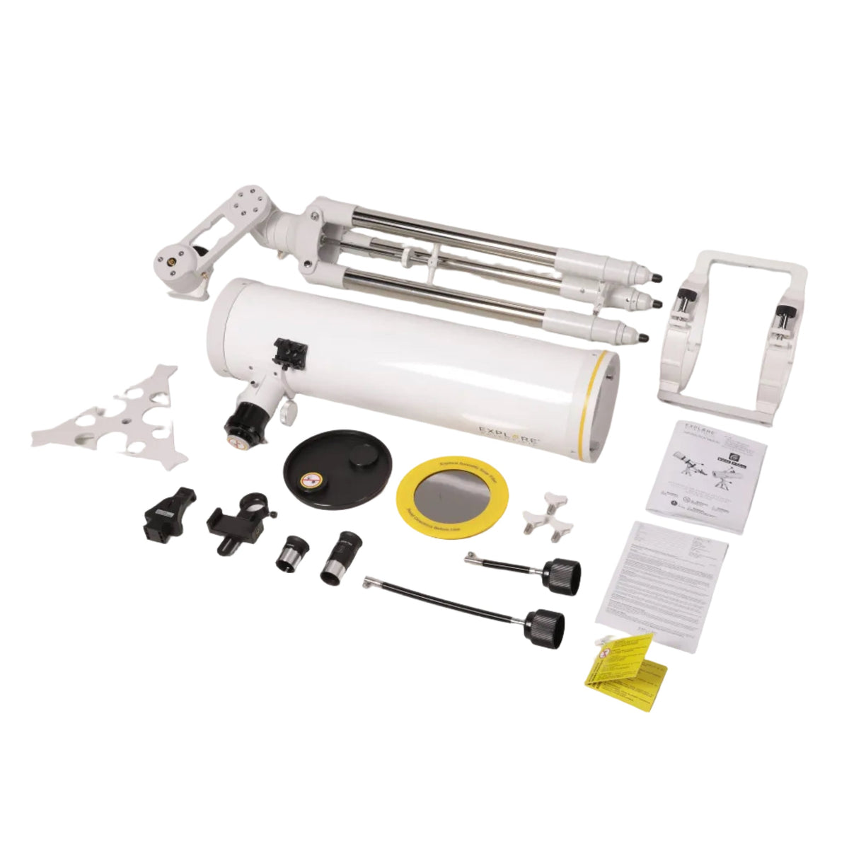 Sidara Plus 150 package contents: 150mm Newtonian, Plus mount and tripod, tube rings, slow-motion cables, 25mm and 10mm Plössl eyepieces, solar filter, SkyAssist adapter and smartphone clip adapter