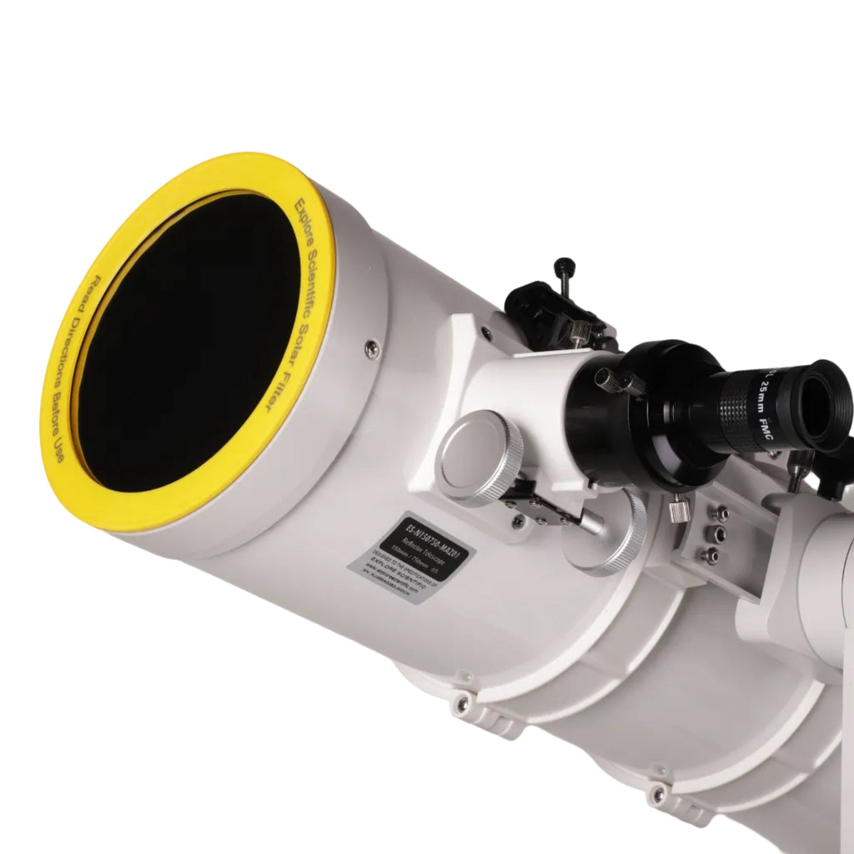 Solar filter fitted over the front of the Sidara Plus 150 Newtonian, beside the focuser
