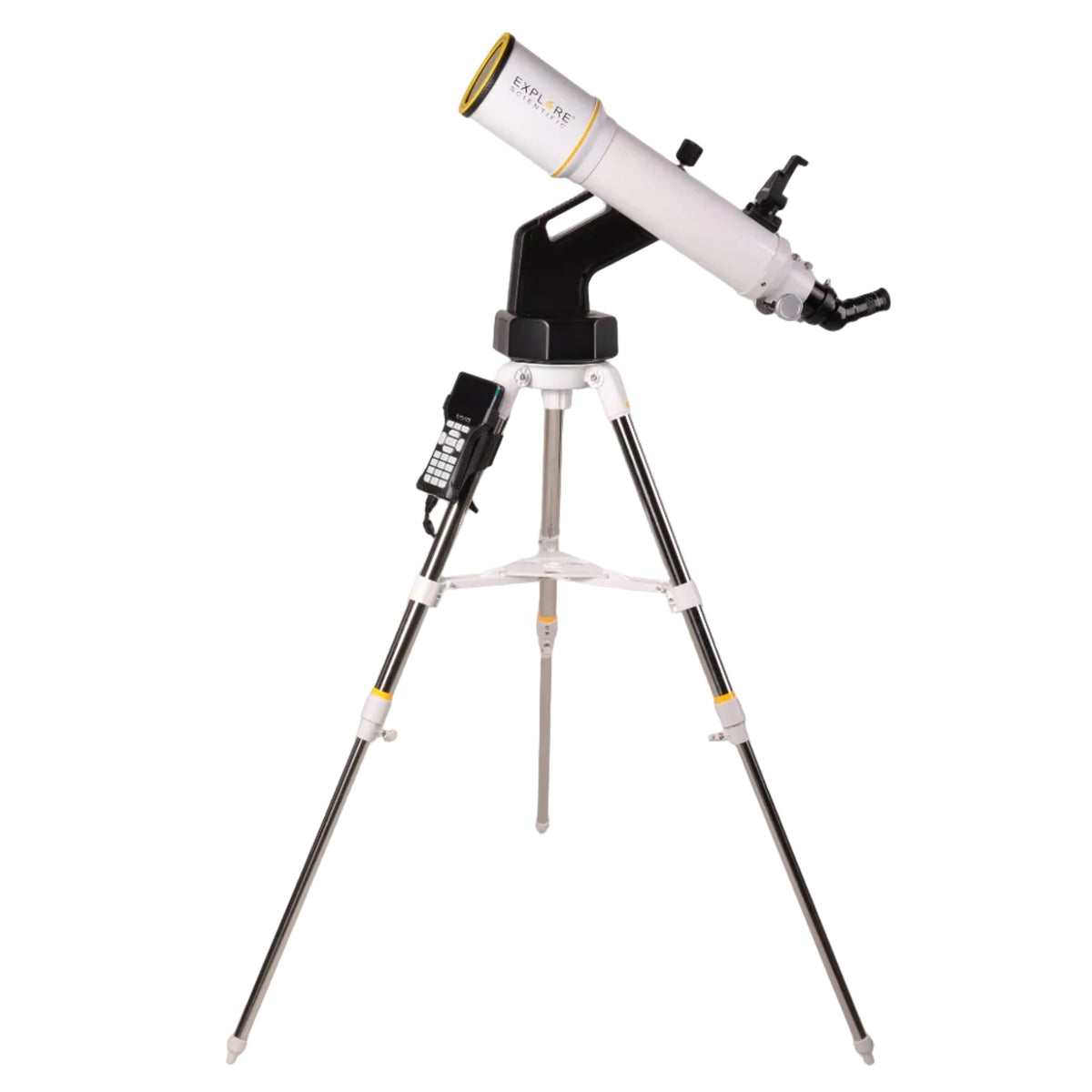 Sidara Pro 102 on the Sidara Pro GoTo mount with the solar filter fitted and the hand controller on the tripod leg