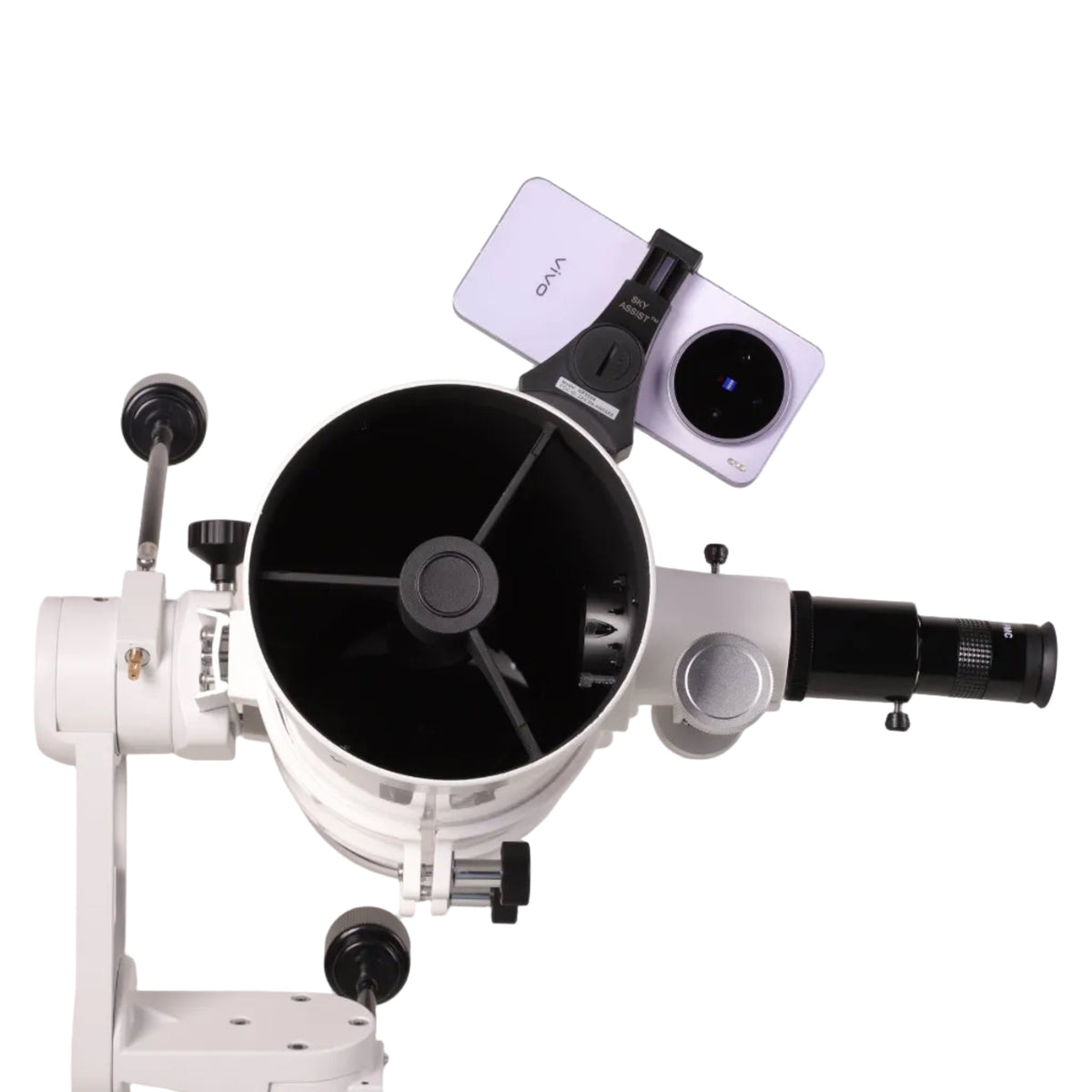 Sidara Essential 130 open tube end showing the secondary mirror, with a phone in the SkyAssist bracket