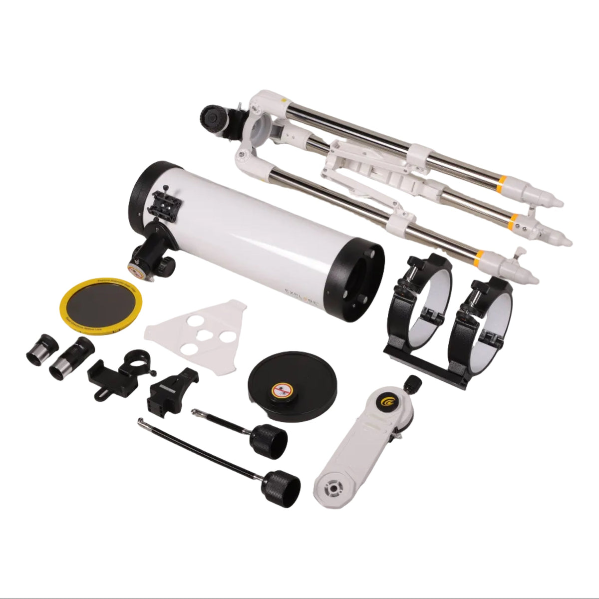 Sidara Nano 114 package contents laid out: tripod, 114mm tube, tube rings, mount arm, eyepieces and solar filter