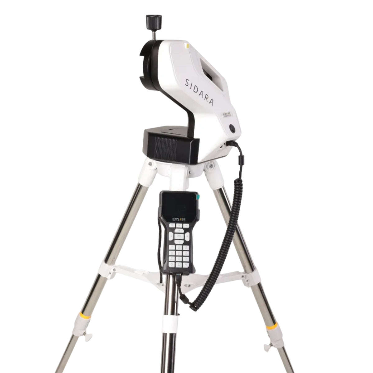 Sidara Pro GoTo mount, front view, with the hand controller hanging from its coiled cable